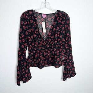 Francesca’s Top Women Medium Blouse Roses Flare Bell Sleeve Floral Sheer O